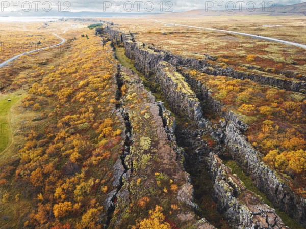 Aerial view of Thingvellir National Park, famous area in Iceland right on the spot where the