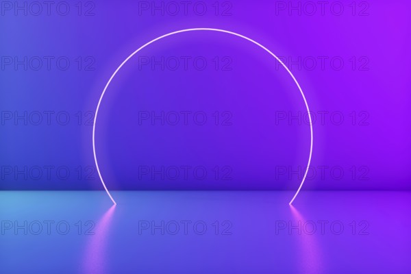 Glowing neon circle in the room. Stage for product or text. Trendy colors. 3d rendering. Copy space