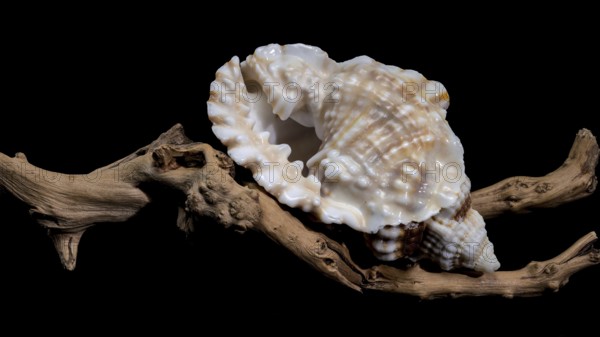 Close-up of a Distorsio anus sea shell resting on textured driftwood, set against a dark black