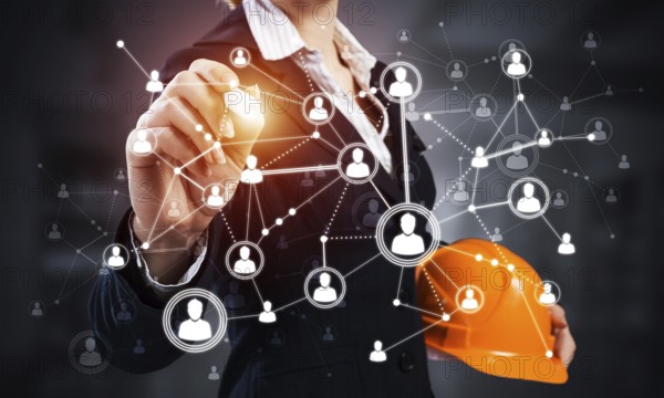 Businesswoman pointing on abstract 3d network. Back view of woman engineer in business suit and