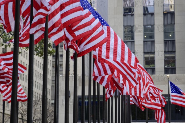 Rockefeller Center, Manhattan, New York, USA, North America, Many American flags fly in front of a