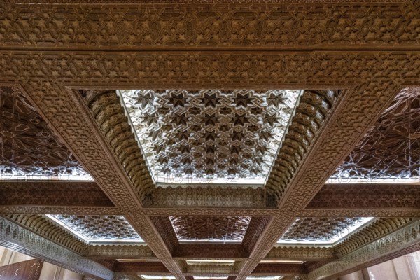 Casablanca, Morocco, 29 March, 2024: intricately carved cedar ceiling of the mezzanine in the