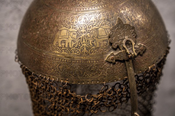Persian helmet with engraved elephant scene, 16th century, Álava Armory Museum, Vitoria, Basque