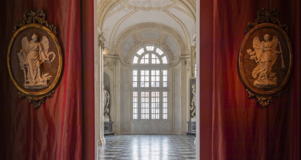 Venaria Reale, Italy, 16 July 2023: luxury gallery perspective, decorative marble, indoor, nobody,