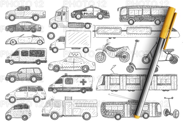 Types of vehicles doodle set. Collection of hand drawn cars buses scooters police car trucks