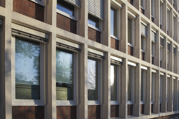 Sunlight reflecting on a modern building facade with rows of windows and venetian blinds, creating