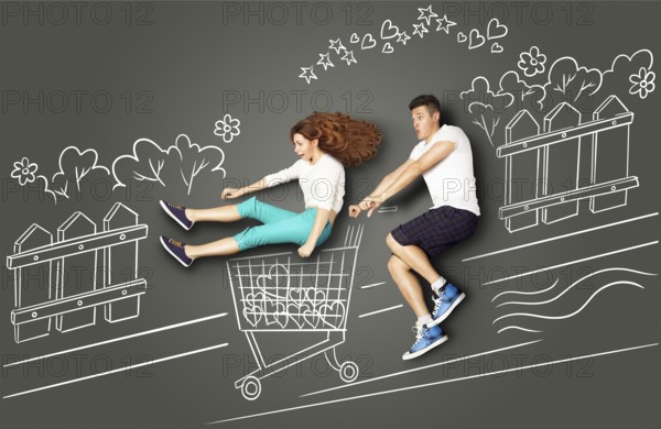 Happy Valentine's Day love story concept of a romantic couple on chalk drawings background. Male