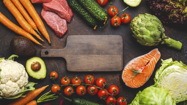 Assorted food raw products: vegetables, beef meat, fish salmon and empty wooden cutting board in