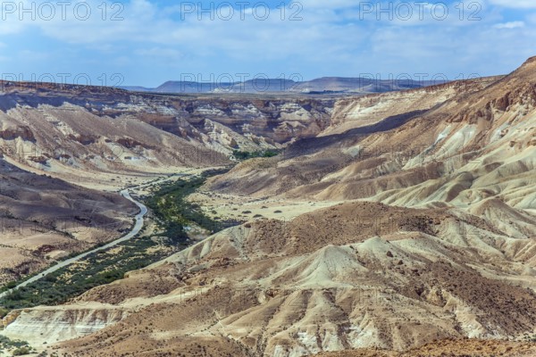 Wonderful spring in Israel. Gorge and desert canyon Ein Avdat. Beautiful warm windy day in the