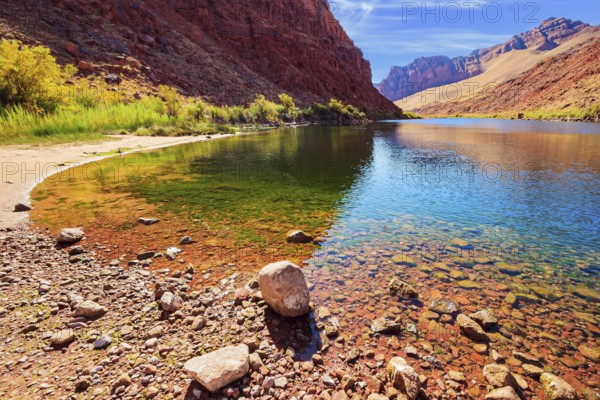 The historic Lees Ferry on the Colorado River. The multicolored canyon of orange and red Navajo