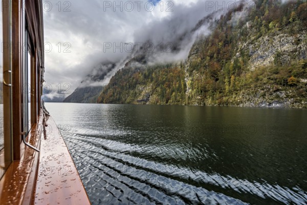 View of the surrounding rock faces from a boat on the Königssee, Berchtesgadener Land, Bavaria,