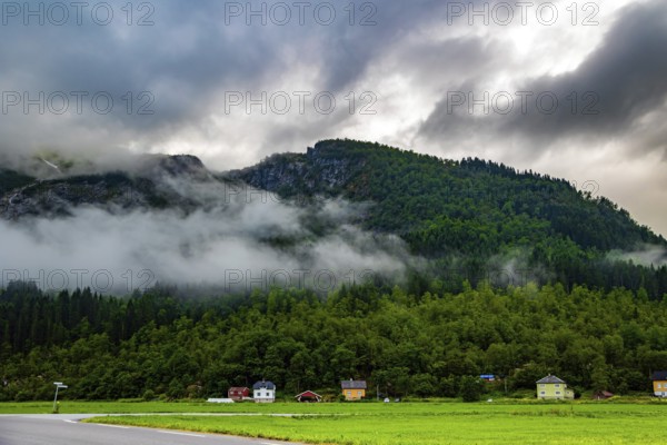 Lush green grass in the hollow. Jostedalsbreen Park. Cold summer in Norway. Valley surrounded by