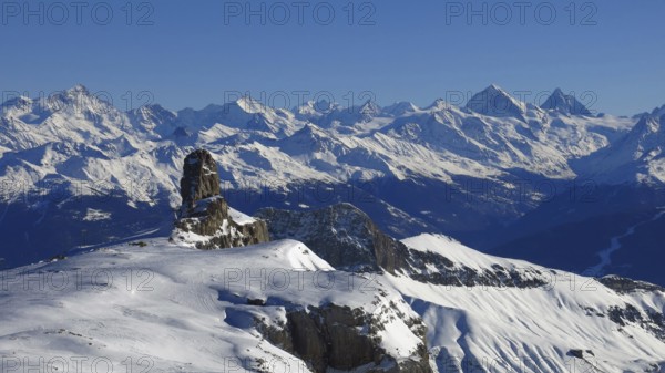 View from the Diablerets glacier, Switzerland. Snow covered mountains in Valais Canton. Winter