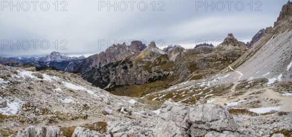 Panoramic view of the famous peaks of the Dolomites, Tre Cime di Lavaredo National Park, Dolomiti