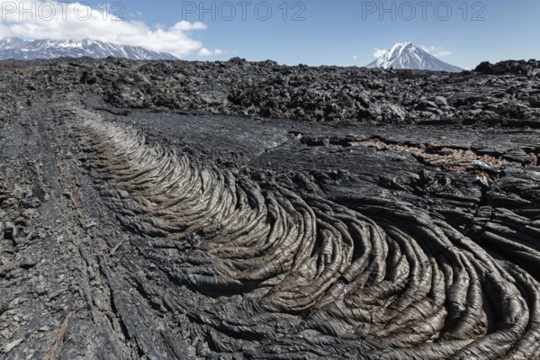 Volcanic landscape of Kamchatka Peninsula: beautiful view of lava field volcanic eruption active