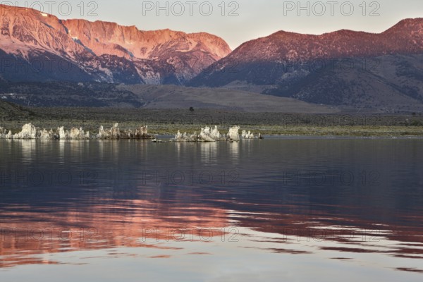 Sunrise at Mono Lake in the crater of an ancient extinct volcano. Shallow lake, a multitude of