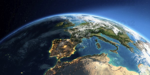 Highly detailed Earth with atmosphere, exaggerated relief and light-flooded cities. Transition from