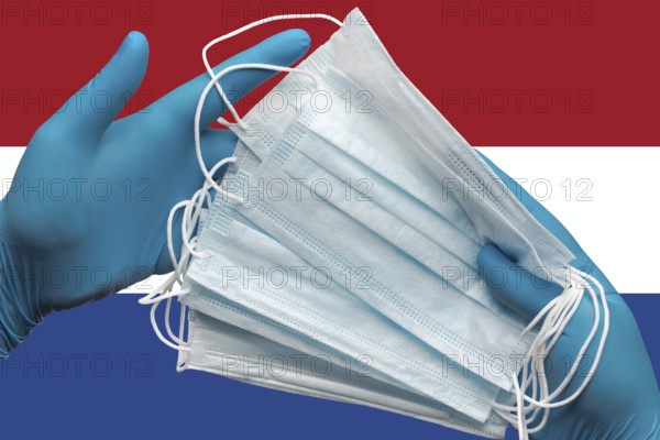 Doctor holds face masks in hands surgical blue gloves on background national flag of Netherlands.