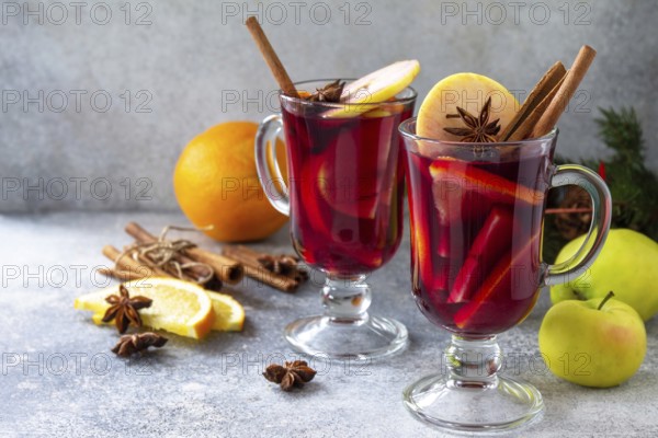 Christmas mulled wine, winter alcoholic drink. Two glass of mulled wine (gluhwein) and its