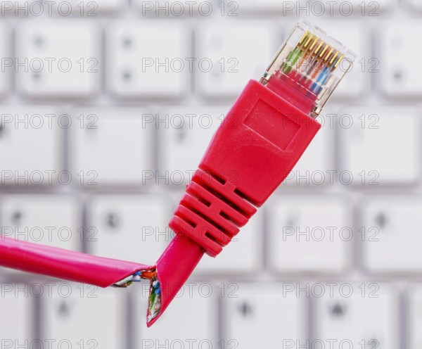 Defective network cable on keyboard, symbolic photo for online, networks, interference and