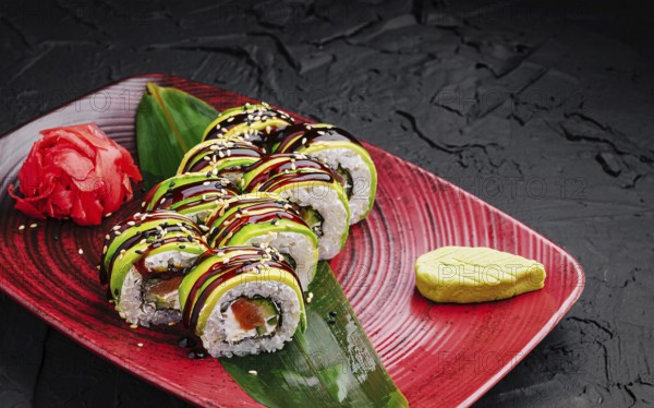 Food, Delicious sushi rolls are beautifully arranged on a red plate. They feature fresh
