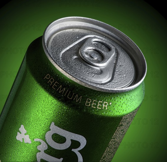 Almaty, Kazakhstan - October 11, 2019: can of beer Carlsberg with drops of water in a green