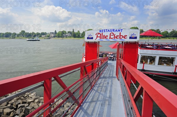 Pedestrian bridge to Restaurant Schiff, Rhine, Rheinallee, Königswinter, Königswinter, Rhineland,