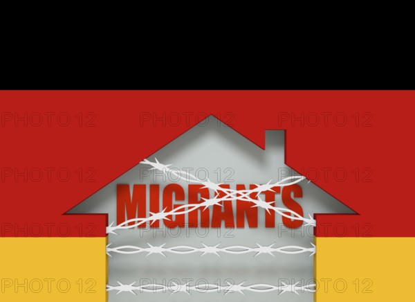Image relative to migration to European Union. Barbed wire closed home icon textured by Germany
