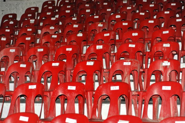 The Cave of St Michael, Gibraltar, British Overseas Territory, close-up of red chairs in neat rows,