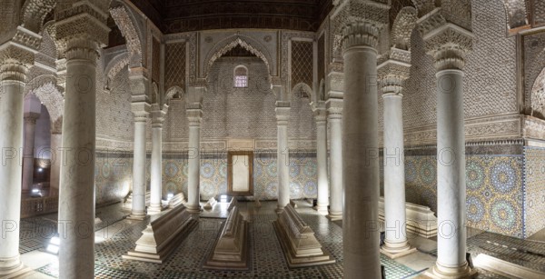 MARRAKECH, MOROCCO, APRIL 19, 2023, Oriental decoration of the famous Saadian tombs in the center