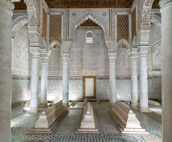 Marrakesh, Morocco, 23 March, 2024: interior view of the Chamber of the Twelve Columns in the