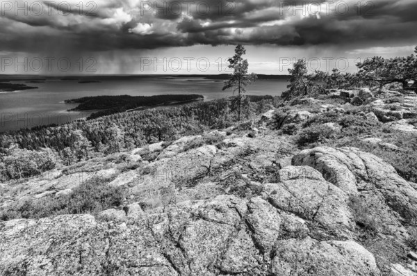 Rain showers over the Gulf of Bothnia, Skuleskogen National Park, Hoega Kusten World Heritage Site,