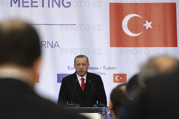 Varna, Bulgaria - March 26, 2018: Turkish President Tayyip Erdogan attends a news conference at