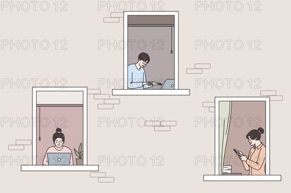 Diverse people freelancers in building windows work online on computer at smartphone from home. Men