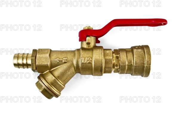 Water taps in the assembly with adapters made ??of brass with a red pen isolated on white