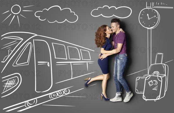 Happy Valentine's Day love story concept of a romantic couple against chalk drawings background of