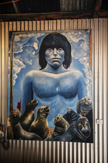 Mural depicting the cultural heritage of the Aonikenk and Kaweshar ethnic groups, Puerto Natales,