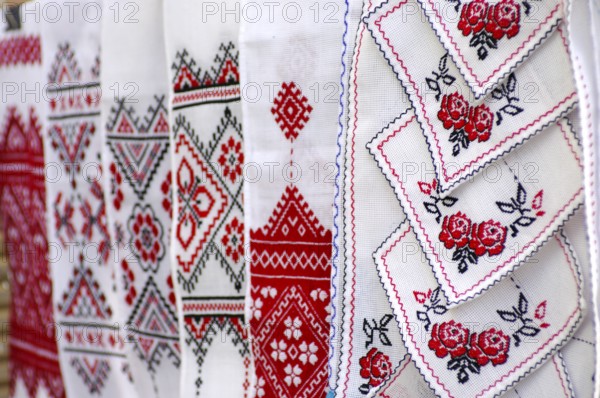 Stock photo of decorative towels with traditional Ukrainian folk national red and black embroidery