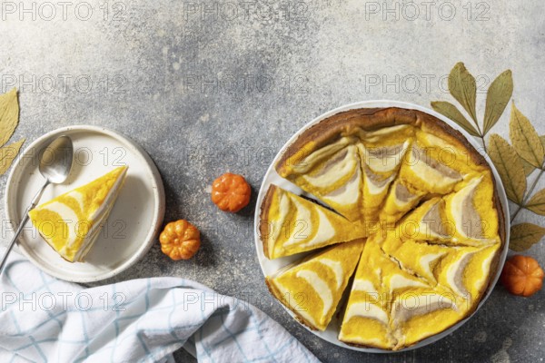 Healthy autumn dessert for breakfast. Pumpkin cottage cheese casserole pie Zebra, striped casserole