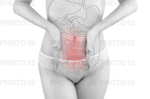 Intestine pain. Beautiful woman photography isolated on white background with inner organs