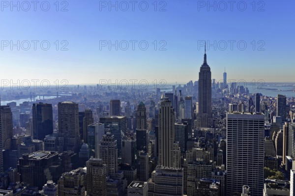Viewing terrace of the Rockefeller Center, panorama of the New York skyline with the striking