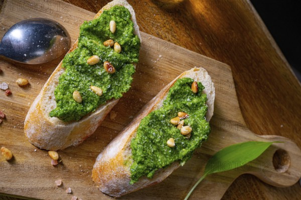 Rustic wild garlic pesto baguette
