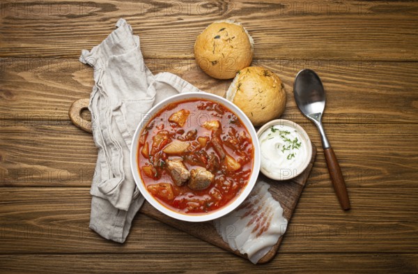 Ukrainian Borscht, red beetroot soup with meat, in white bowl with sour cream, garlic buns
