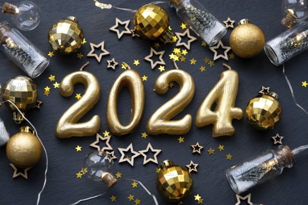 The golden figures 2024 made of candles on a black stone slate background are decorated with a