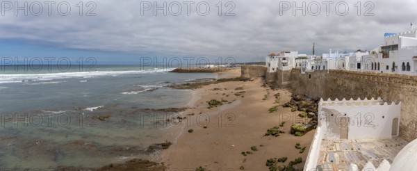 Scenic view of picturesque city center of Asilah, seen from the Marabout of Sidi Ahmad Mansour,