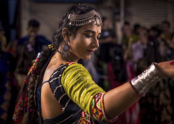 Woman participating in a traditional Garba dance, Udaipur, Rajasthan, Denmark