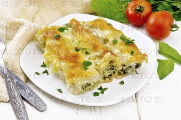 Cannelloni stuffed with cottage cheese and spinach with Bechamel sauce in a plate, towel, tomatoes