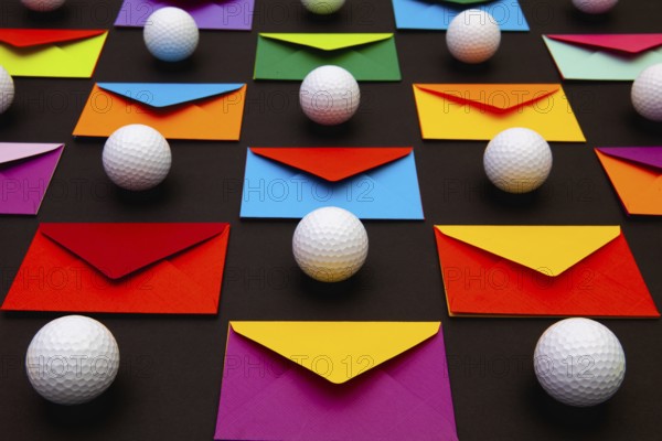 Composition with colored envelopes and golf balls on the table. The photo suitable for various