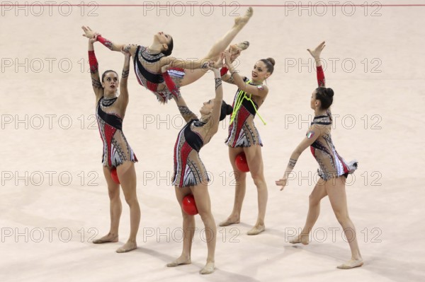 Sofia, Bulgaria - 1 April, 2018: Team Italy performs with balls and ropes during Rhythmic