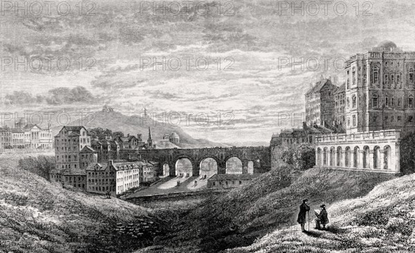 The old North Bridge, from the west, with Calton Hill in the background, in 1829, Edinburgh,